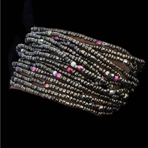 Bohemian Handmade Marcasite Silver Grey Beaded Bracelet with crocheted Closure - Picture 1 of 6